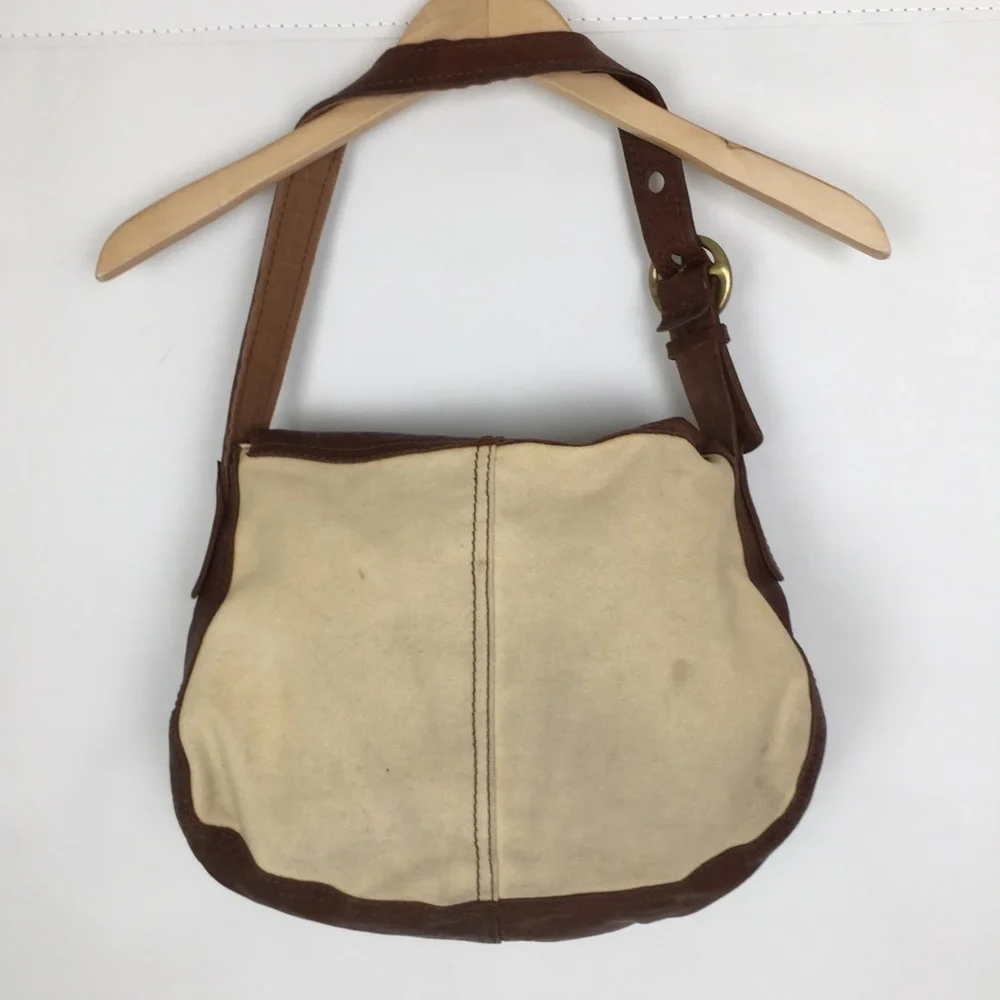 Lucky Brand Italian Leather & Canvas Shoulder Bag Brown Tan Hobo Bag Purse